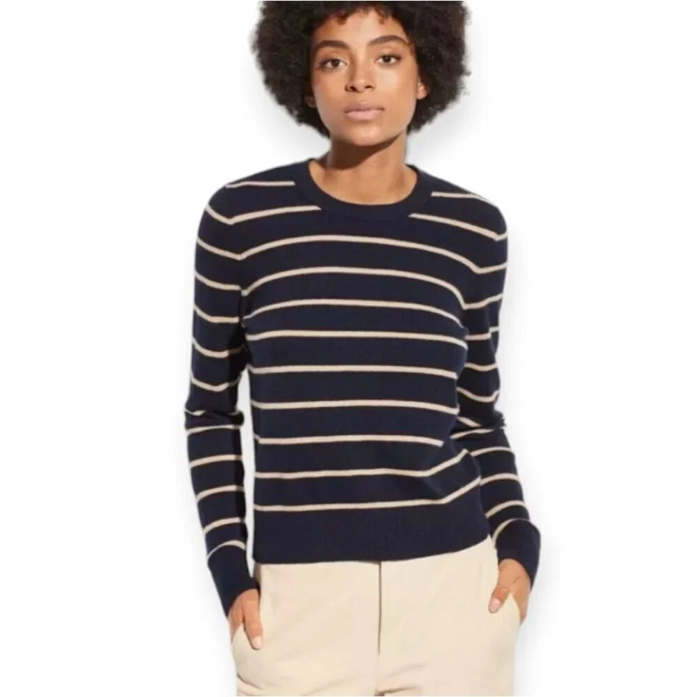 Vince Striped Blue & Tan Overlay Cashmere Crew XS Woman